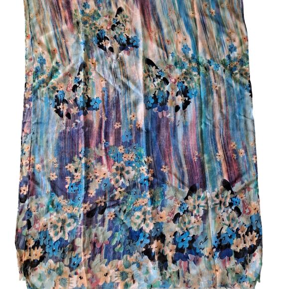Blue Pink Cream Floral Print Rectangular Scarf w Raw Frayed Ends Size 27 X 72 - Picture 2 of 4